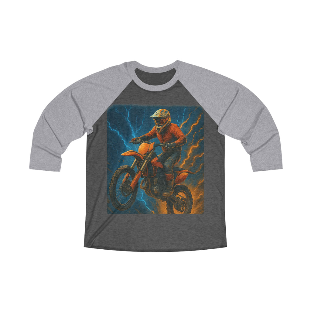 Motocross Rider Raglan Tee — Lightning Dirt Bike Graphic 3/4 Sleeve