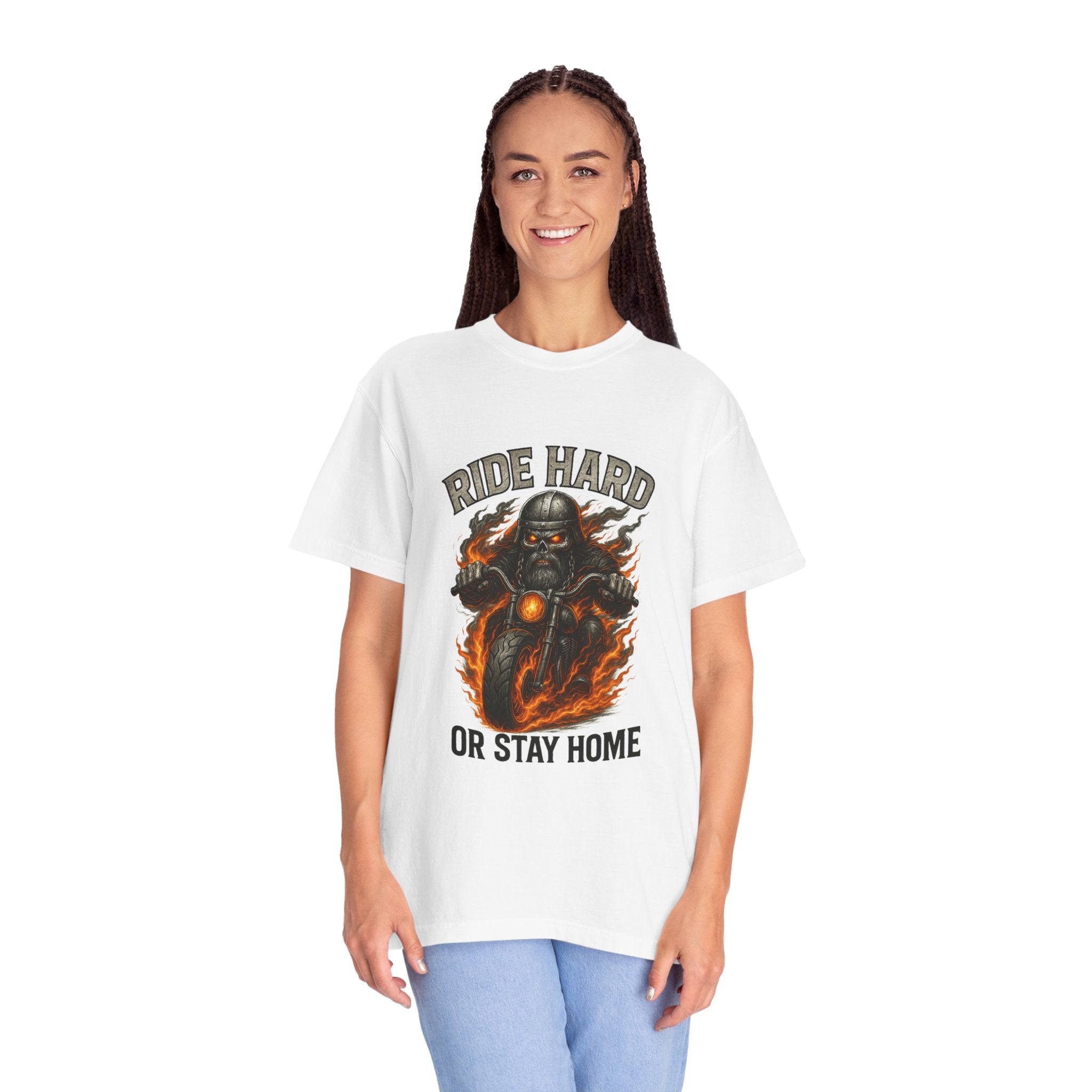 Ride Hard Skull Biker Flames T-shirt | Motorcycle Graphic Tee