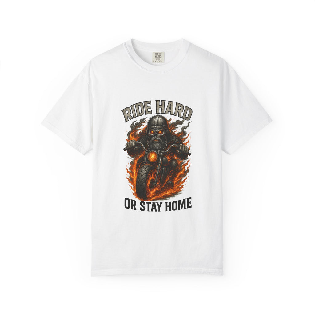 Ride Hard Skull Biker Flames T-shirt | Motorcycle Graphic Tee