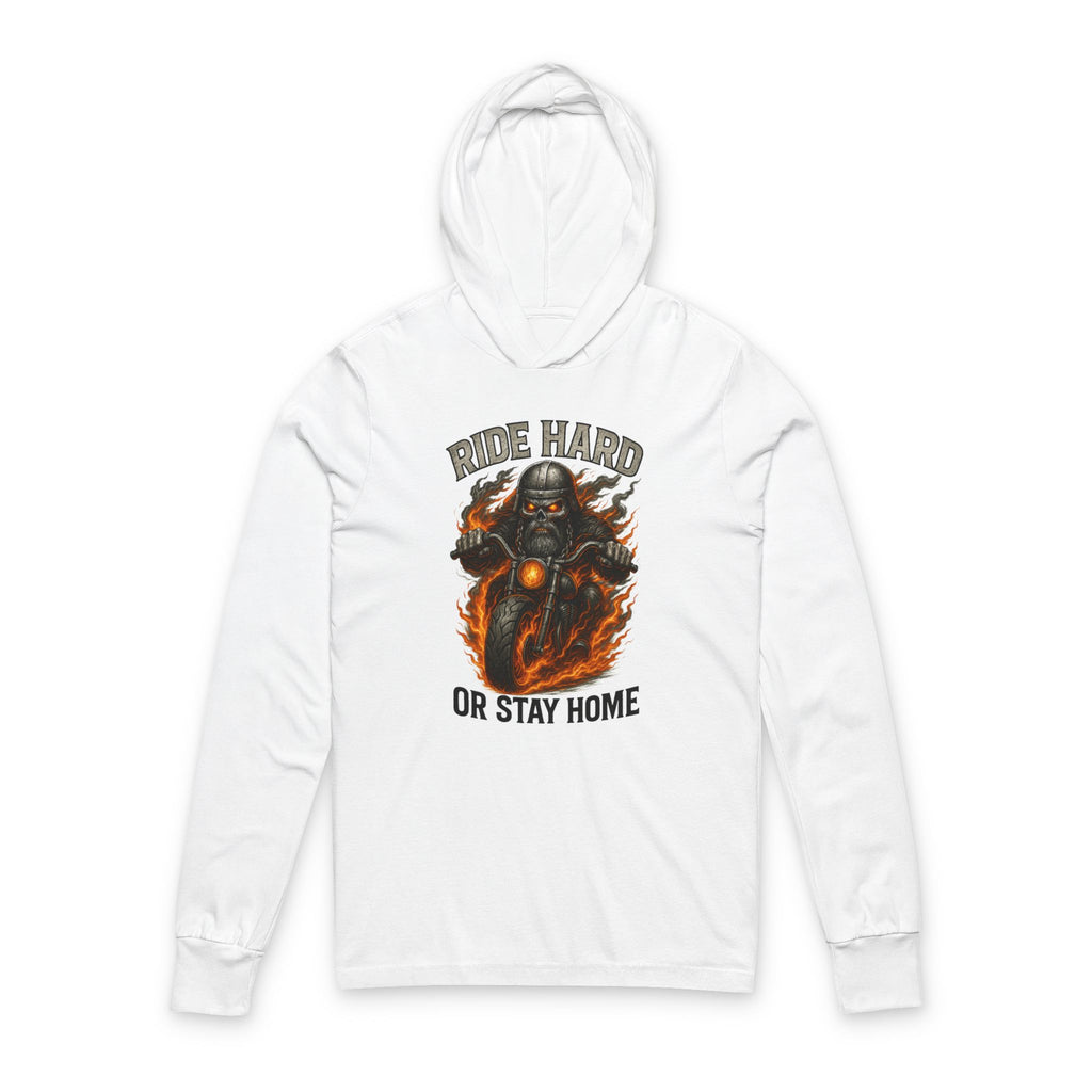 Ride Hard Hoodie Tee — Motorcycle Skull 'Ride Hard or Stay Home' Long Sleeve Hooded Tee