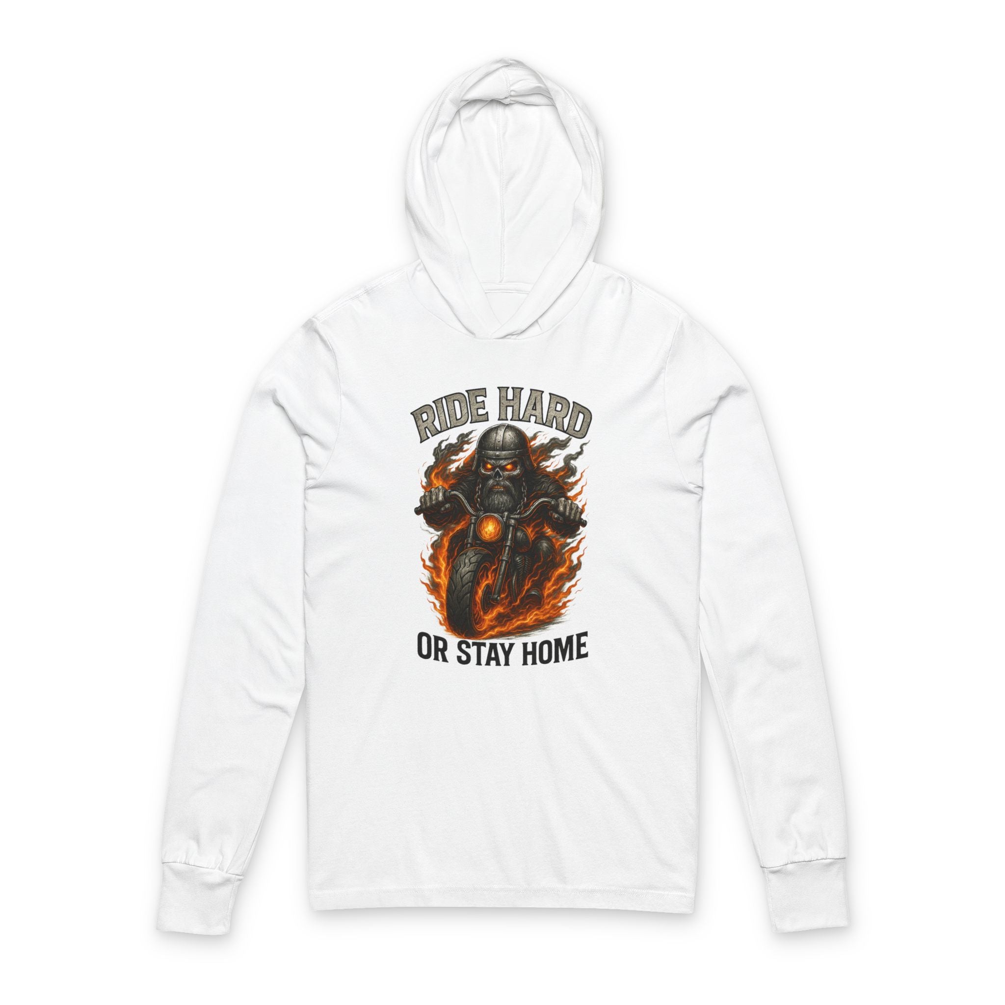 Ride Hard Hoodie Tee — Motorcycle Skull 'Ride Hard or Stay Home' Long Sleeve Hooded Tee